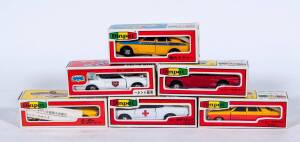 YONEZAWA TOYS: 1:40 Group of Model Cars Including Crown Hardtop (281); And Crown Super Saloon (263); And, Crown Super Deluxe (233). All mint in original cardboard packaging. (28 items)