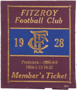 FITZROY: 1928 Member's Season Ticket, with fixture list & hole punched for each game attended. G/VG condition.