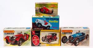 Group of Model Car Hobby Kits Including MATCHBOX: 1:32 Bugatti Type 59 (PK 302); And, AMT: 1:25 My Mother The Car (904 170); And, MERIT: 1:24 1950 Alfa Romeo Type 158 (4601). All unbuilt and in original cardboard packaging. (21 items)