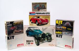 Group of Model Car Hobby Kits Including SOLIDO: 1:43 Ferrari Daytona (16K); And, HELLER: 1:24 Bugatti T.50 (706); And, MONOGRAM: 1:25 Ferrari GTO (2244). All mint and unbuilt and in original cardboard packaging. (10 items)