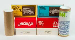 Group of Miscellaneous Unbuilt White Metal Model Car Hobby Kits Including MIKANSUE: Formula (3); And, WHEEL WORKS: Ford Panel Truck; And, BAM: 1980 Lancia Beta Turbo (29). Most mint all unbuilt in original packaging. (55 items approximately)