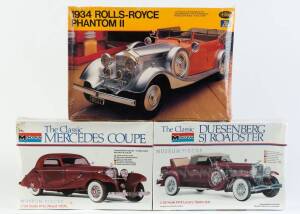 Group of 1:24 Hobby Kits Including MONOGRAM: 1934 Duesenberg SJ Roadster (2302); And, MONOGRAM: 1936 Mercedes Coupe (2304); And, TESTROS: 1933 Chrysler Imperial Phantom (834). All mint in original cardboard packaging. (10 items)