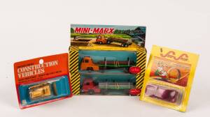 Group of Miscellaneous Group of Model Cars Including MARX: Mini Marx Log Truckn (2); And, SUPER SPEEDY: Mustang; And, UNIVERSAL: Construction Vehicles International Bulldozer (8104). All mint in original cardboard packaging (30 items approx)