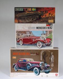 Group of Miscellaneous Group of Model Car Hobby Kits Including AURORA: Swedish “S” Tank (316); And, FROG: 1931 Alfa Romeo 1931 Gran Transport (F726); And, MONOGRAM: Classic Mercedes Benz (PC87). Most mint, all unbuilt in original cardboard packaging. (8 i