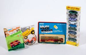 Group of Miscellaneous Group of Model Cars Including UNIVERSAL: Super High-Way Set (9301); And, KIDCO: ‘Tough Wheels’ Rig Combo (155); And, IDEAL: Micro Mighty Mo (4261). All mint in original cardboard packaging (45 approx) 