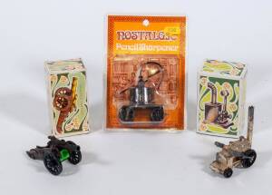 Group of Miscellaneous Diecast Models Including PLAYME: Cinema (975); And, AMTIQUE FINISH: Water Pump pencil sharpener; And, PLAYME: Stove (966). Most mint in original cardboard packaging (11 items) 