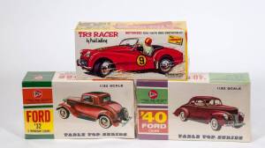 Group of Miscellaneous Group of Model Car Hobby kits Including PYRO: ’36 Ford Roadster’ (C288-50); And, LINDBERG: Motorized Sprite Speedster (634R:60); And, FALLER: Farm Shed (B-136). All unbuilt and mint in original cardboard packaging. (22 items)