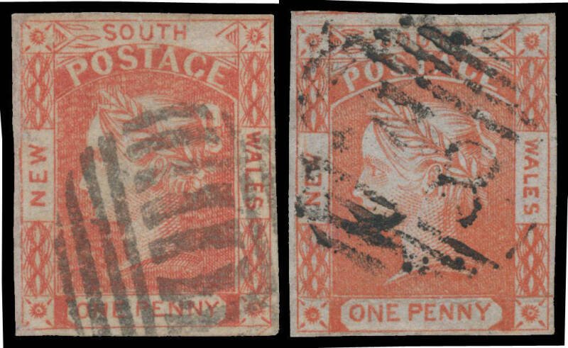 NSW: 1851-52 Laureates Bluish Medium Wove Paper 1d vermilion with No Leaves at Right and another with Two Leaves at Right SG 47a & b, both with good even margins, the first cancelled well clear of the variety, the other with BN '38' (rated R) of Queanbeya