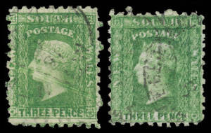 NSW: 1882-97 Wmk '40' Perf 10 3d yellow-green Double Print two examples in slightly different shades, the first an unusually tall stamp with a Pre-Printing Paper Fold - that may have caused the doubling - & a pulled perf at lower-right, the second with sh