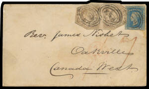 NSW: 1859 cover to "Oakville/Canada West" with rare franking of Imperforate Diadems 6d fawn Error of Watermark '8' instead of '6' SG 93a cut-to-shape pair & 2d blue tied by 'NSW'-in-conmcentric-ovals with 'SYDNEY/ AU15/1859/NEW SOUTH WALES' b/s being the