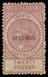 Sth Aust: 1886-96 'POSTAGE & REVENUE' Perf 11½-12½ £20 claret SG 208a reprint with the Watermark Inverted, 12½x2mm 'SPECIMEN' Overprint, a bit aged, large-part o.g. Ex Ed Williams: sold for $308 at the Prestige auction of 26/1/2002. [Ed Williams stated th