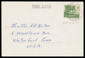 Cocos (Keeling) Islands: 1963 PPC ("Cocos Island/Altitude 10 Feet") to the USA correctly rated with 1963 Pictorials 1/- tied by #3 cds of 10DE63 & endorsed "Recd 12-16-63" (16th December) proving carriage by air.