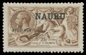 Nauru: 1916-23 Overprints on Great Britain Seahorses 2/6d deep sepia-brown SG 19 with 'SPECIMEN' Overprint, well centred & lightly mounted, Cat &pound;350. Ex Marcus Samuel. BPA Certificate (2004).