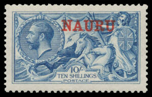 Nauru: 1916-23 Overprints on Great Britain Seahorses 10/- deep bright blue SG 23d, excellent centring, the gum a little aged, Cat £500.
