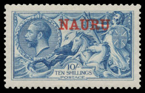 Nauru: 1916-23 Overprints on Great Britain Seahorses 10/- deep bright blue SG 23d, excellent centring, the gum a little aged, Cat &pound;500.