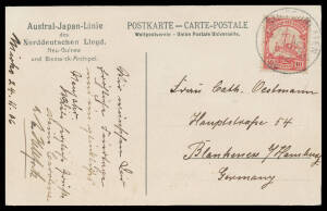 New Guinea (German): 1906 usage of Austral-Japan-Linie PPC ("Wohnh¤user auf der Station Matupi") with message datelined "Mioko 24.11.06", to Germany with 10pf tied by fine 'SIMPSONHAFEN' cds of 3.12/06. [Mioko, Kabakon & Kerawara are small islands in the 