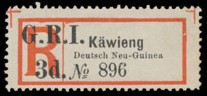 New Guinea: 1915 'G.R.I./3d.' on German Registration Labels 'K¤wieng/ Deutsch Neu-Guinea ' SG 37b, an unusually large example, unused, Cat £325.