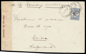 Postal History - New Guinea: 1916 (May 13) cover endorsed "Letter for Germany enclosed" to the Red Cross in Germany with 2½d tied by Rabaul cds, violet/white 'OPENED BY CENSOR' label affixed at Sydney, 'GENEVE 1/25.VII.16/DISTR LETTE' arrival b/s. Ex Neil