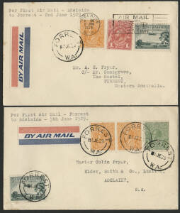 Aerophilately: 3-4 June 1929 (AAMC.137a) Forrest - Adelaide & return covers flown to and from this intermediate stop on the new service by W.A. Airways between Perth and Adelaide. Surprisingly scarce as the quantities to the intermediates were light. (2).