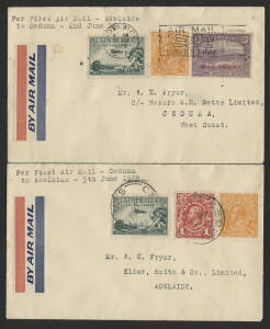 Aerophilately: 3-4 June 1929 (AAMC.137a) Adelaide - Ceduna & return covers flown to and from this intermediate stop on the new service by W.A. Airways between Perth and Adelaide.€š Surprisingly scarce as the quantities to the intermediates were light. (2)