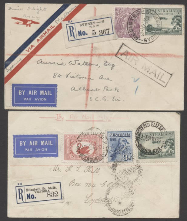 Aerophilately: 1 June 1930 (AAMC.161 & 162) Melbourne - Sydney and Sydney - Melbourne registered flown covers carried on board the inaugural services by ANA. (2 items). Cat.$200+. Attractive duo; hard to find registered!