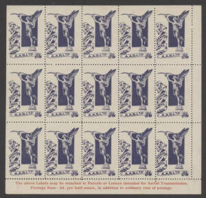 25 Sept.1925 (AAMC.90d) The Australian Aerial Services "Angel" vignette, complete sheetlet of 15, as issued. (Cpl. tone spots and no gum). Attractive piece. Cat.$175.