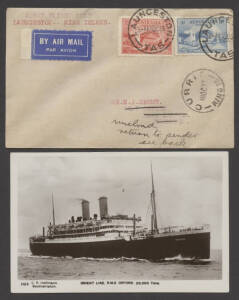 Aerophilately: 14 Oct.1933 (AAMC.340) Launceston - Currie (King Island) flown cover, carried by Matthews Aviation on their inaugural service. [50 flown]. Franked 2d & 3d Bridge and accompanied by a real photo PPC of the actual Royal Mail Ship (depicted pa