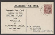 Aerophilately: 29 June 1935 (AAMC.508) Adelaide - Tennant's Creek special airmail postcard [#9] carried by Commercial Aviation Co. [48 flown]. Cat.$125.