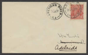 Aerophilately: 1 Jan.1937 (AAMC.699) Adelaide - American River on Kangaroo Island, flown cover, carried by H.O.Cook for Australian National Airways Ltd. Cat.$100.