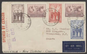 Aerophilately: 16 July 1940 (AAMC.905) Inaugural Service from Australia to Canada via N.Z: Flown censored cover bearing correct rate 3/11 (incl. 3d & 6d AIF) carried by TEAL to Auckland and then via FAM19 to San Francisco. Cat.$100+.