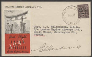 Aerophilately: 18 Dec.1947 (AAMC.1128) BOFU (Iwakuni, Japan) - Sydney flown cover, carried by Qantas and signed by the pilot, E.A. Harding. With special vignette commemorating the hand-over of the route from the RAAF. Cat.$150.