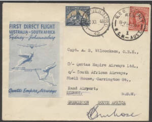 Aerophilately: 14 Nov.1948 (AAMC.1139) Australia - South Africa flown cover, carried by Qantas with the special vignette for this survey flight and signed by the pilot, Captain L.R. Ambrose. Cat.$100.