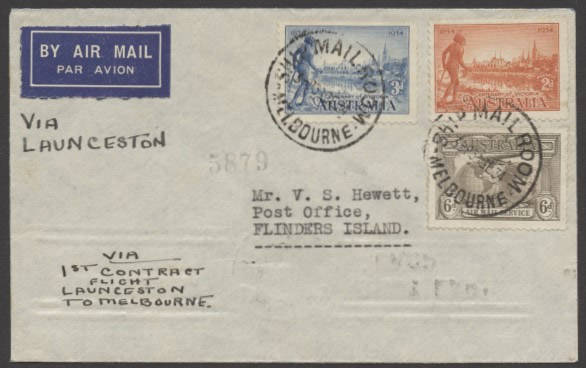 Aerophilately: 1st Oct.1934 (AAMC.426a) Melbourne - Launceston - Whitemark (Flinders Island) flown cover, carried on the inaugural service by Holymans Airways. Cat.$80.