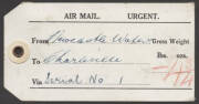 Aerophilately: 19 Dec.1934 (re: AAMC.469q) An airmail bag tag from NEWCASTLE WATERS (pmk.) recording 4.75 ounces of mail carried by QANTAS to Charleville on the first flight of the regular services to and from England. Unique!