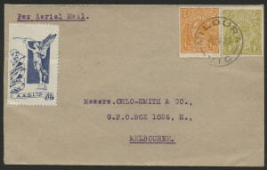 Aerophilately: 23 Sept.1925 (AAMC.90a) First Day of Issue usage of the "Angel" vignette on a flown cover, carried from Mildura to Melbourne by Australian Aerial Services Ltd. Scarce. NB: The Single wmk 4d Olive with variety BW:114(3)p "Break in right fram