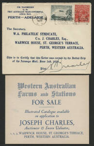 Aerophilately: 2-4 June 1929 (AAMC.136) Adelaide - Perth flown cover, carried by W.A. Airways Ltd and signed by the pilot, Norman Brearley. Also, the scarce Western Australian Farms and Stations real estate advertising card carried in this envelope. (2 it