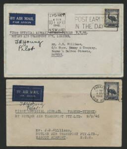 Aerophilately: 9 Sept.1946 (AAMC.1062-63) Sydney - Parkes and Parkes - Sydney flown covers, both signed by the pilot, T.R.Young for Butler Air Transport. Small mails carried in both directions; signed covers are rare. Cat.$120++.