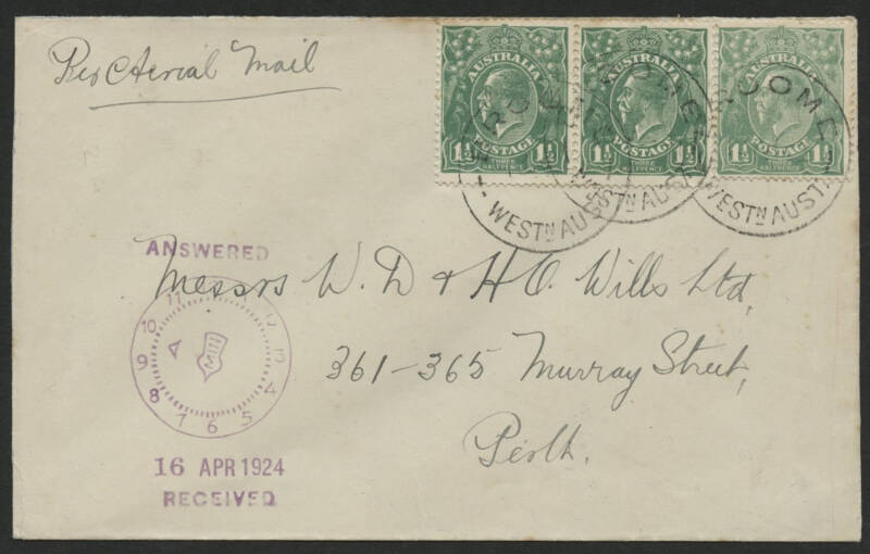 Aerophilately: 13 Apr.1924 Broome - Perth flown cover, carried by W.A.Airways and with arrival marking at left. A commercial cover, carried approximately 2400kms by air without leaving the State!