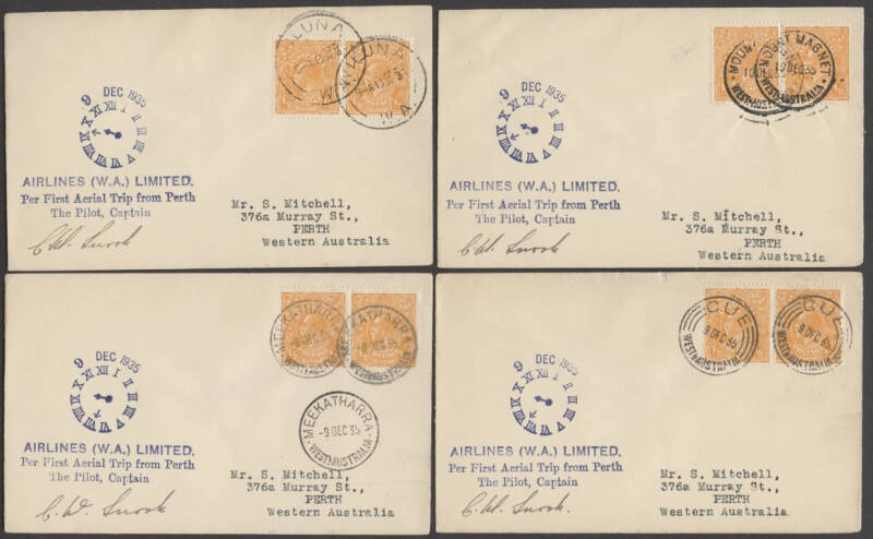 Aerophilately: 9 Dec.1935 (AAMC.567) Perth - Perth flown covers (4), each one postmarked at a different intermediate on the new route flown by Airlines (WA) Ltd: Wiluna, Mount Magnet, Cue & Meekathara. Cat.$160+. Quite scarce.