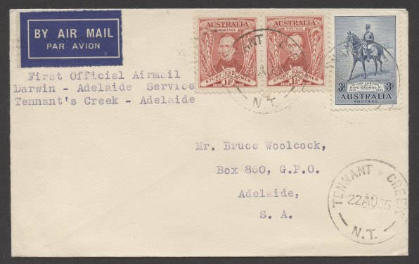 Aerophilately: 22 Aug.1935 (AAMC.523a) Tennant Creek - Adelaide flown cover, carried by Australian Transcontinental Airways on their inaugural service. Cat.$75+.