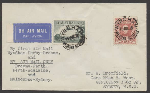 Aerophilately: 16 July 1930 (AAMC.165) Wyndham - Derby (- Perth - Adelaide - Sydney) flown cover, carried by W.A.Airways.