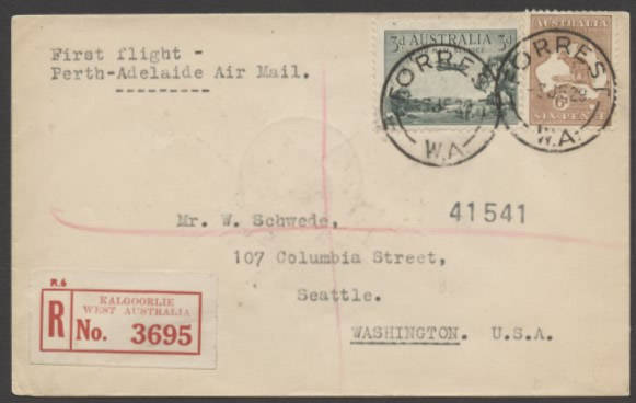 5 June 1929 (AAMC.137a) Forrest - Adelaide flown cover, registered at Kalgoorlie and addressed to Seattle, USA; with transit b/stamps. Correctly rated 9d.