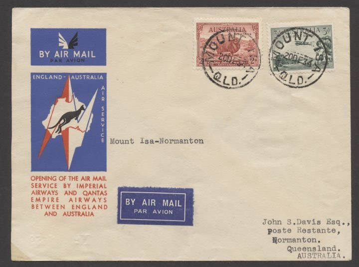 Aerophilately: 20 Dec.1934 (AAMC.469q) Mount Isa - Normanton internal intermediate flown cover bearing 3d Air + 2d Dark Hills Macarthur. Scarce.