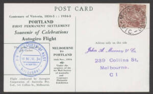 Aerophilately: 16 Nov.1934 (AAMC.461) Melbourne - Portland autogiro (helicopter!) flown special postcard with blue cachet.