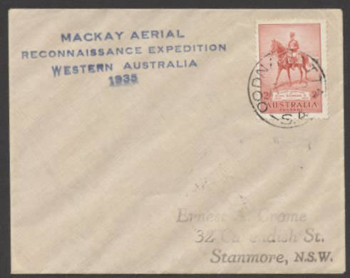 Aerophilately: July 1935 (AAMC.517) 3rd Mackay Aerial Expedition flown cover, postmarked en-route at OODNADATTA and signed by Harry Bennett, the navigator. Postmarked on reverse at RAWLINNA (10/7), LAVERTON 912/7), FORREST (13/7) & PETERSHAM (22/7). [50 f