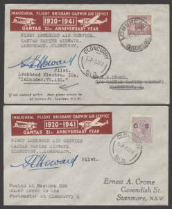 Aerophilately: July 1941 (AAMC.919a) Longreach - Cloncurry and return flown covers; carried aboard a Qantas Lockheed Electra with special vignettes for the Qantas 21st Anniversary Year and both signed by the pilot, Captain P.K.Howard. (2 covers.) Cat.$150