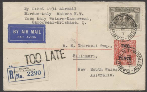 Aerophilately: 3 Dec.1931 (AAMC.228) (Darwin) - Birdum - Daly Waters, registered cover flown by QANTAS to connect these centres during the rainy season when the overland route was under water. [Only 20 flown]. Cat.$850. Missing from most QANTAS collection