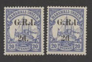 New Guinea: 1914 (SG.53,53e) GRI 2d on Marshall Islands 20pfg ultramarine singles, (2); the normal stamp MVLH; the "No stop after d" example MUH. Cat.€97++.