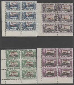 Falkland Island Dependencies: SOUTH ORKNEYS: 1944 (SG.C1-8) &euro;&scaron;&frac12;d - 1/- Overprinted set in marginal or corner blocks of 6; superb MUH. (48). Cat.&euro;144+.