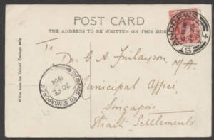 Postal History - Malaya: 1904 (JA28) ST ANDREWS [Scotland] cds on real photo postcard ("Perth Bridge and Boat Station") addressed to the Municipal Office, Singapore with a good strike of the double-ringed "PENANG TO SINGAPORE" cds dated Feb.20.